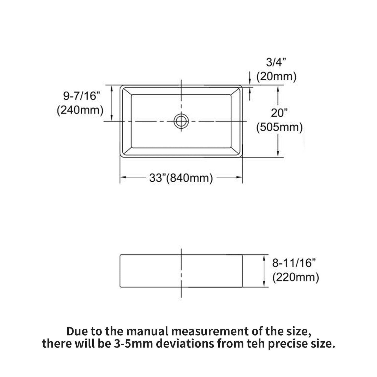 Undermount sink schematic for HouseOfZazla ceramic farmhouse apron front single bowl 33x20 on Tampa Home & Garden Store