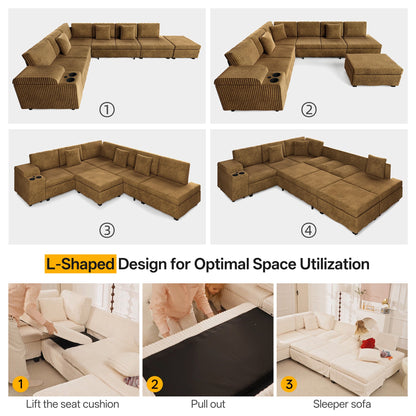 Luxury Camel L Shaped Sofa And Ottoman Set