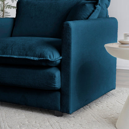 Comfy deep single-seat reading armchair in blue chenille upholstery, accent chair on Tampa Home & Garden Store