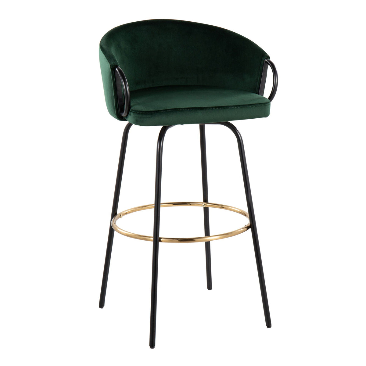 Claire Contemporary Barstool with Footrest in green velvet, black metal legs, gold footring on Tampa Home & Garden Store