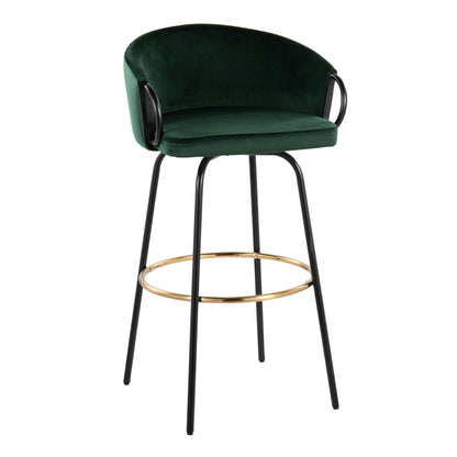 Claire Contemporary Barstool with Footrest in green velvet, black metal legs, gold footring on Tampa Home & Garden Store