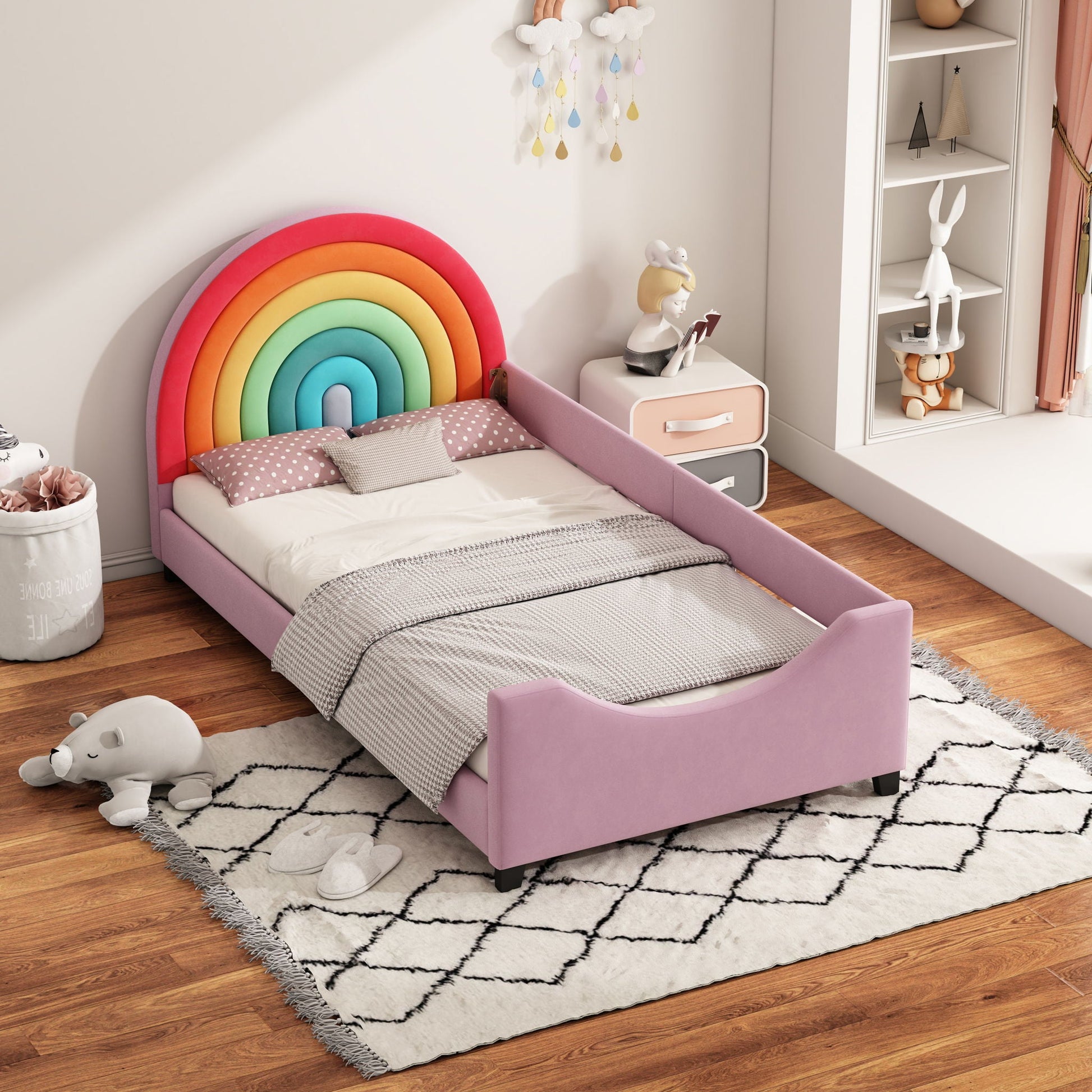 Twin daybed Rainbow upholstered low to the ground pink frame with polka dot bedding HouseOfZazla on Tampa Home & Garden Store