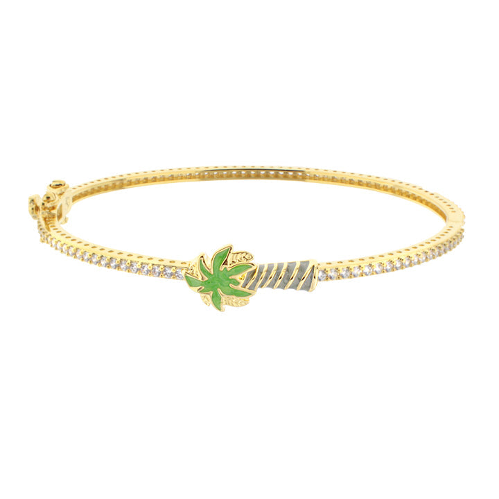 Eau Palm Tree Bangle Slim Pavé Hinge gold bracelet with green palm leaf charm by Lauren G Adams on Tampa Home & Garden Store