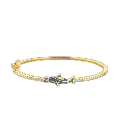 Eau Dolphin Bangle by Lauren G Adams, gold-tone bangle with blue enamel centerpiece on Tampa Home & Garden Store