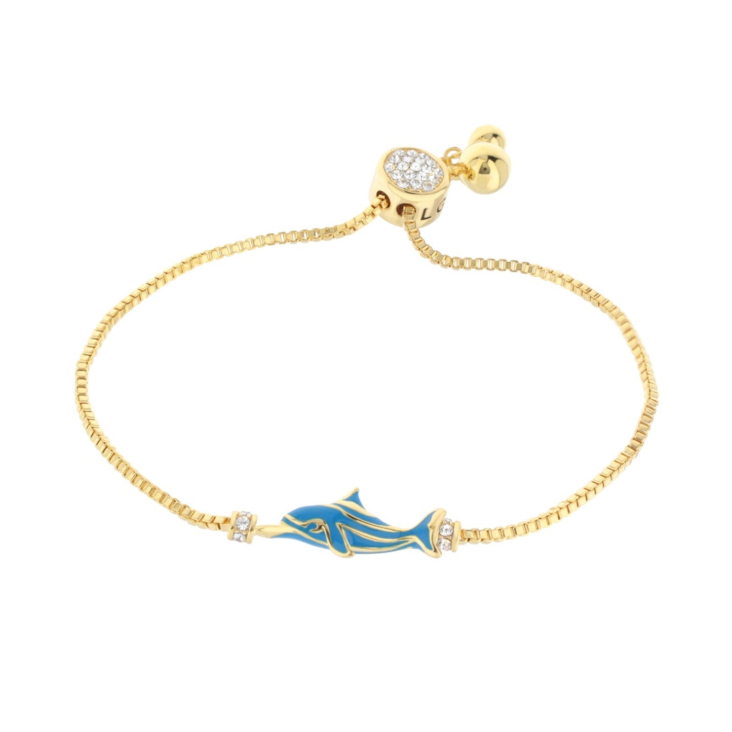Eau Dolphin Bolo Bracelet by Lauren G Adams, gold-tone chain with blue enamel dolphin charm on Tampa Home & Garden Store