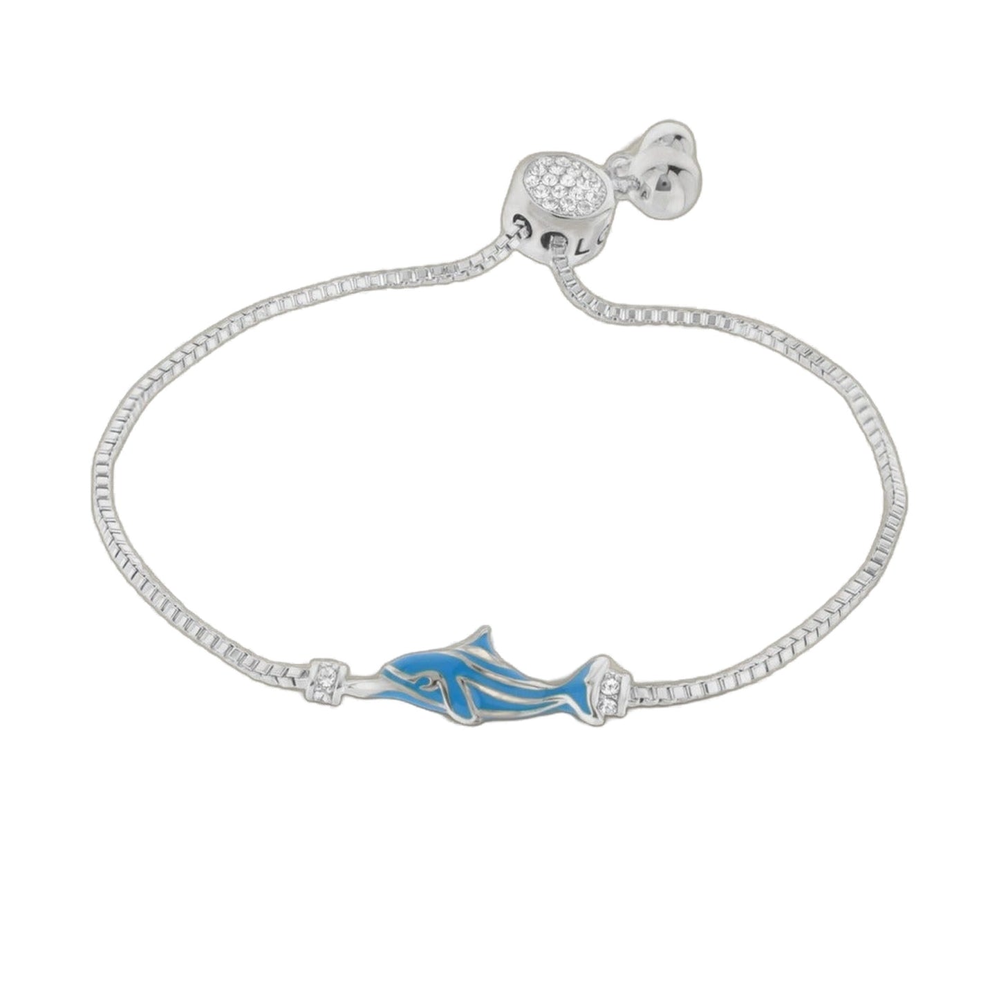 Eau Dolphin Bolo Bracelet by Lauren G Adams, silver chain with blue enamel dolphin on Tampa Home & Garden Store