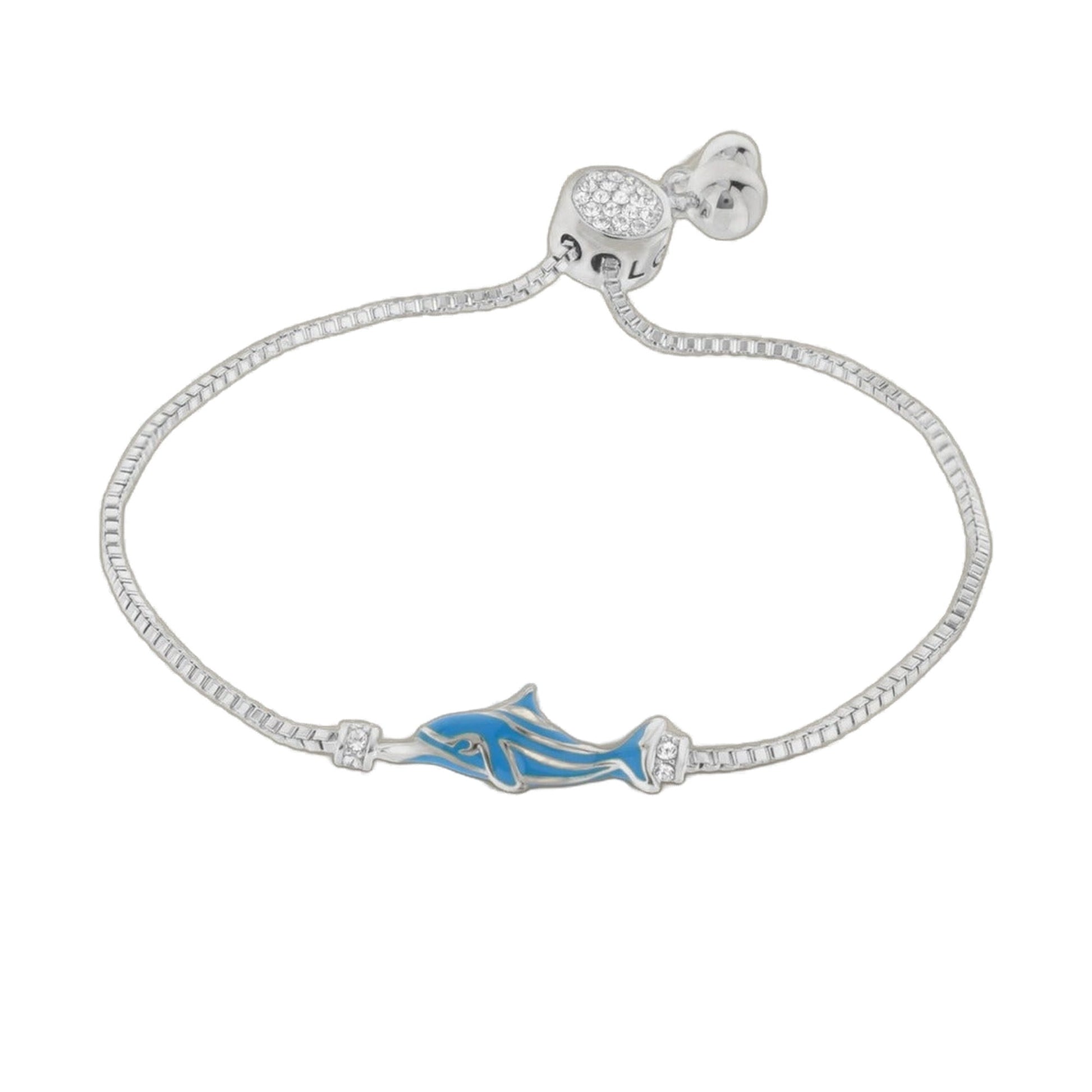Eau Dolphin Bolo Bracelet by Lauren G Adams, silver chain with blue enamel dolphin on Tampa Home & Garden Store