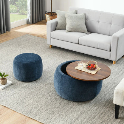 Round storage ottomans pair 2-in-1 end table and ottoman in blue fabric with wood top on Tampa Home & Garden Store