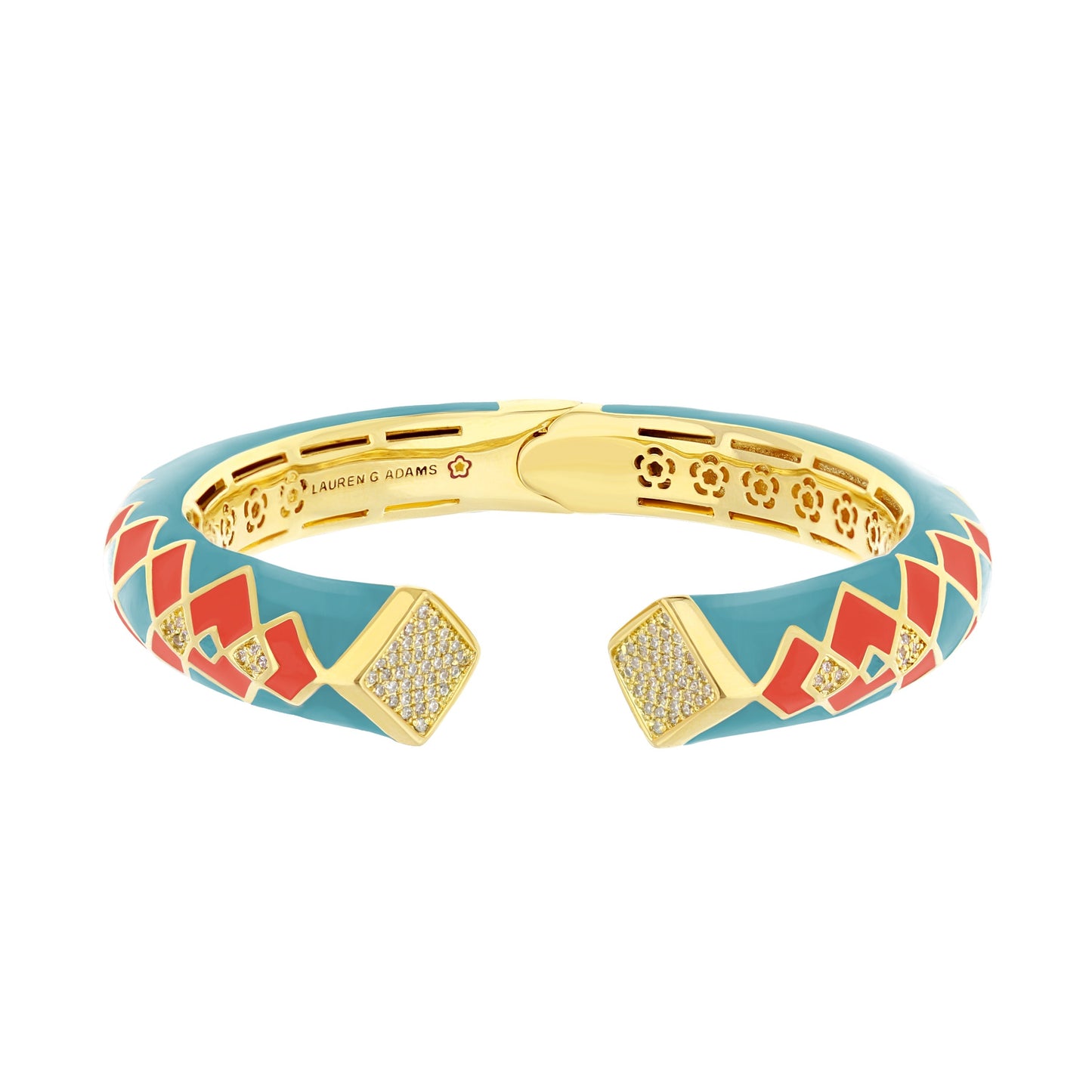 Fierce Edge Bangle hinged bracelet by Lauren G Adams in teal enamel with red diamond pattern on Tampa Home & Garden Store