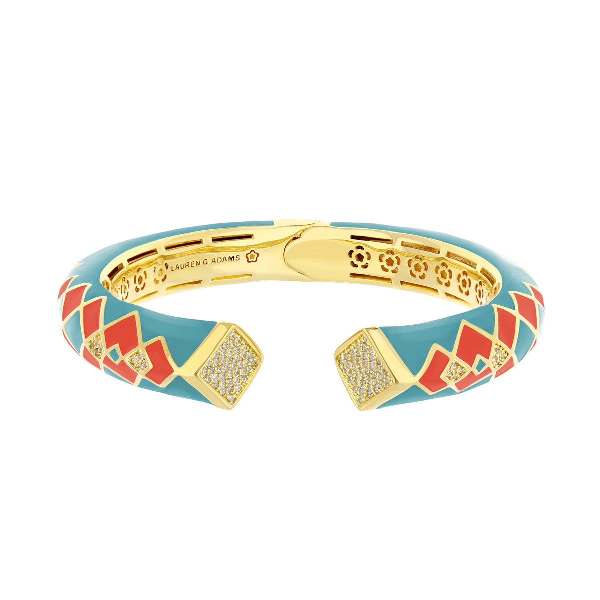 Fierce Edge Bangle hinged bracelet by Lauren G Adams in teal enamel with red diamond pattern on Tampa Home & Garden Store