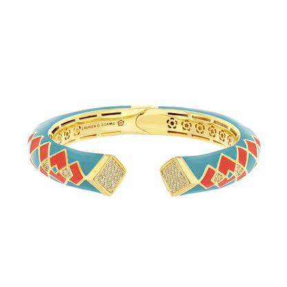 Fierce Edge Bangle hinged bracelet by Lauren G Adams in teal enamel with red diamond pattern on Tampa Home & Garden Store