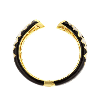 Fierce Edge Bangle hinged bracelet by Lauren G Adams, gold-tone black enamel with white accents on Tampa Home & Garden Store