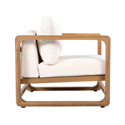 Outdoor lounge chair with oversized beige cushions and a wood frame, arm chair style on Tampa Home & Garden Store