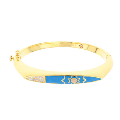 Renaissance Bangle by Lauren G Adams goldtone hinge lock blue enamel panels and sun on Tampa Home & Garden Store