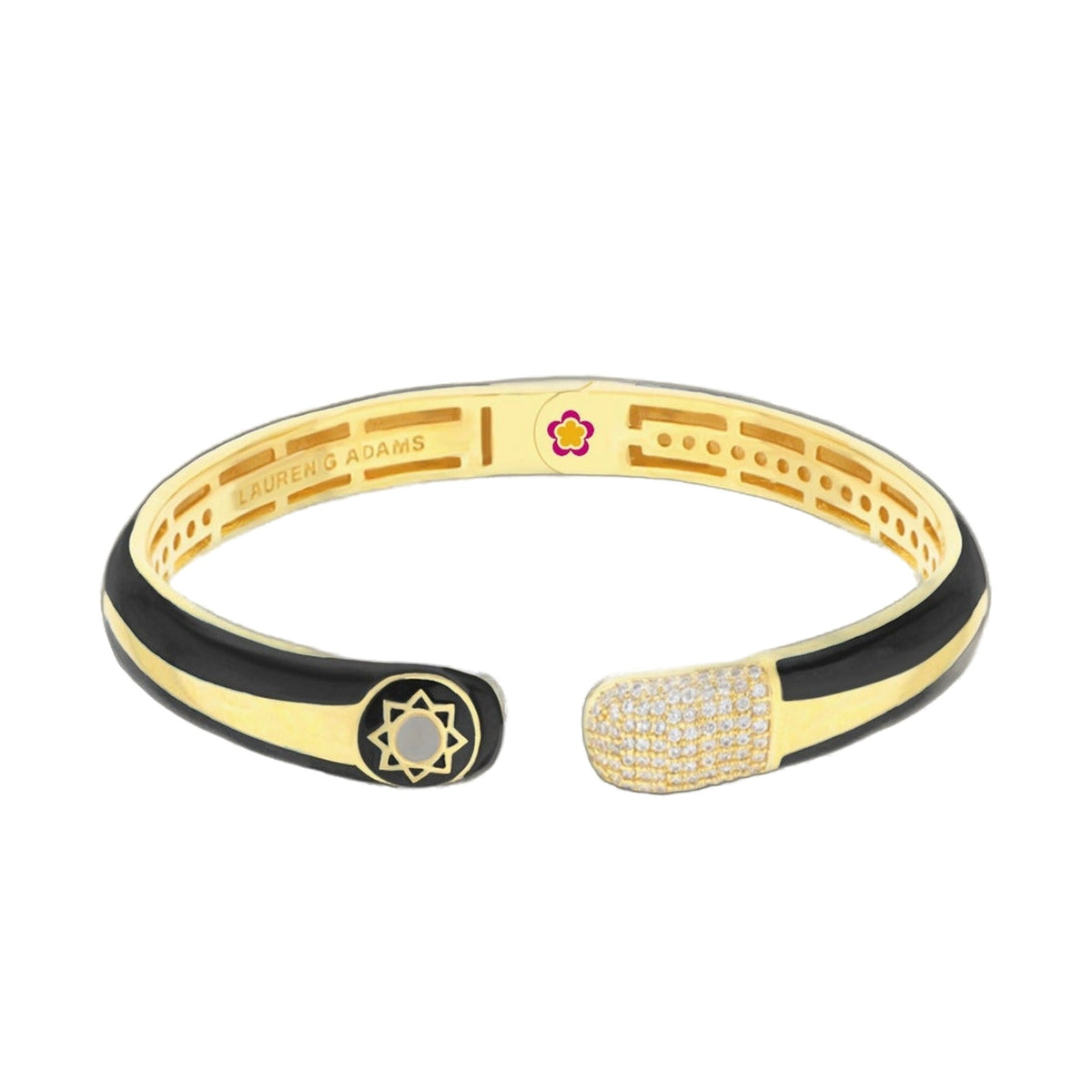 Renaissance Bangle hinged bracelet in black enamel and gold-tone metal with sun motif accents, Lauren G Adams on Tampa Home & Garden Store