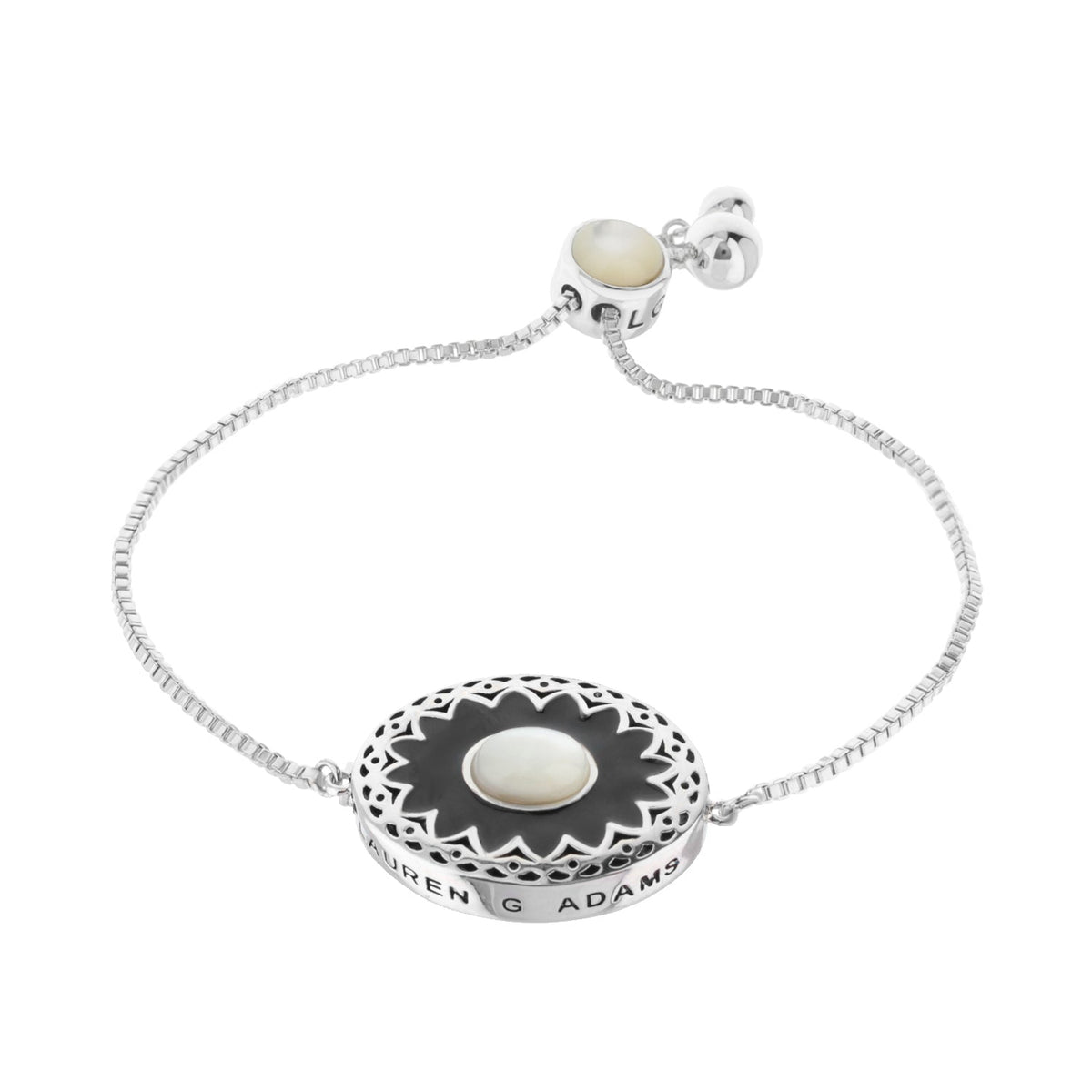 Infinity Bolo Bracelet by Lauren G Adams, silver-tone with black enamel center and pearl on Tampa Home & Garden Store