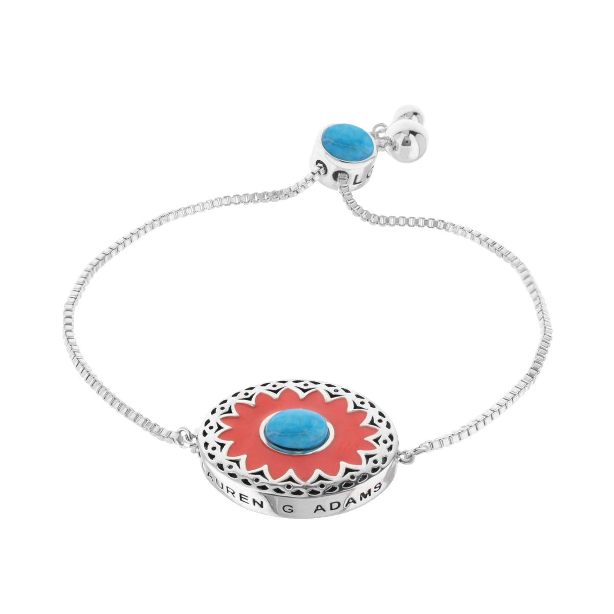 Infinity Bolo Bracelet by Lauren G Adams, silver chain red enamel flower medallion and turquoise on Tampa Home & Garden Store