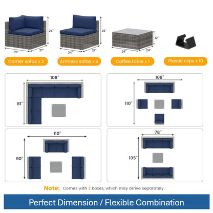 Modern Patio Set With Coffee Table, 2 corner + 4 armless sofas, navy cushions, HouseOfZazla on Tampa Home & Garden Store