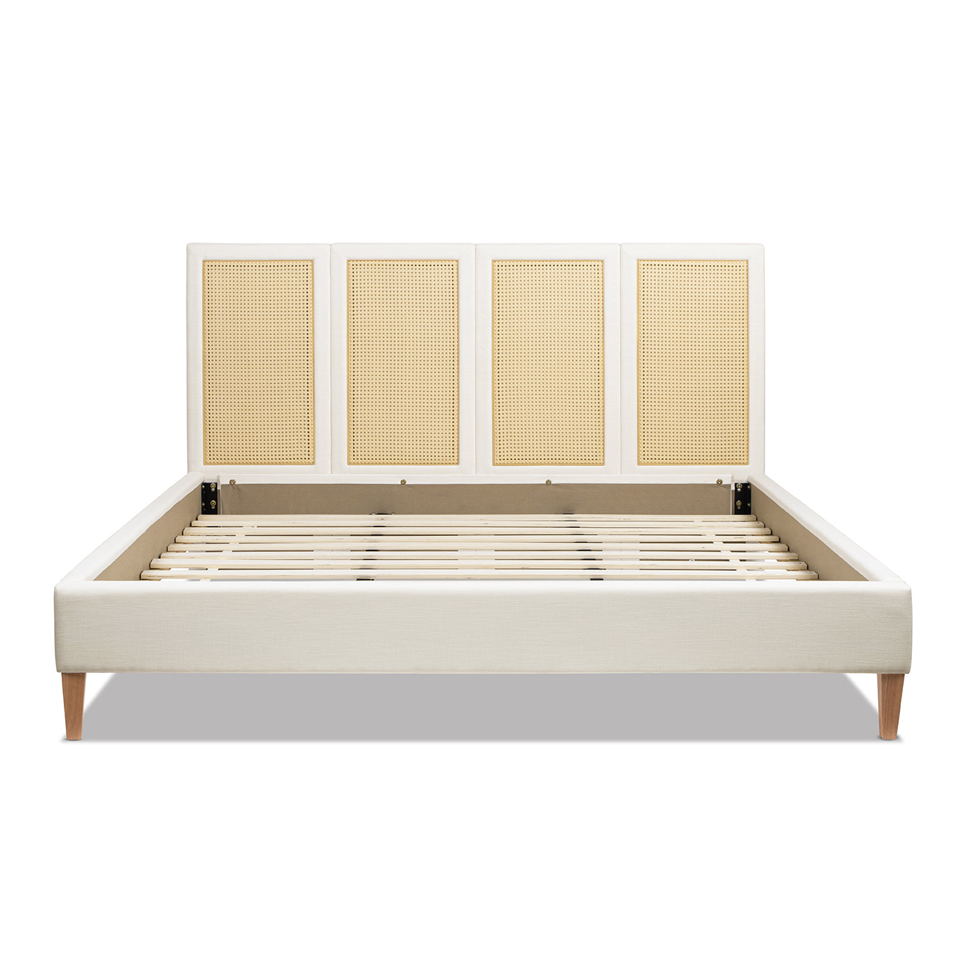 Toscana King Upholstered Cane Back Platform Bed, white, four caned panels, HouseOfZazla on Tampa Home & Garden Store