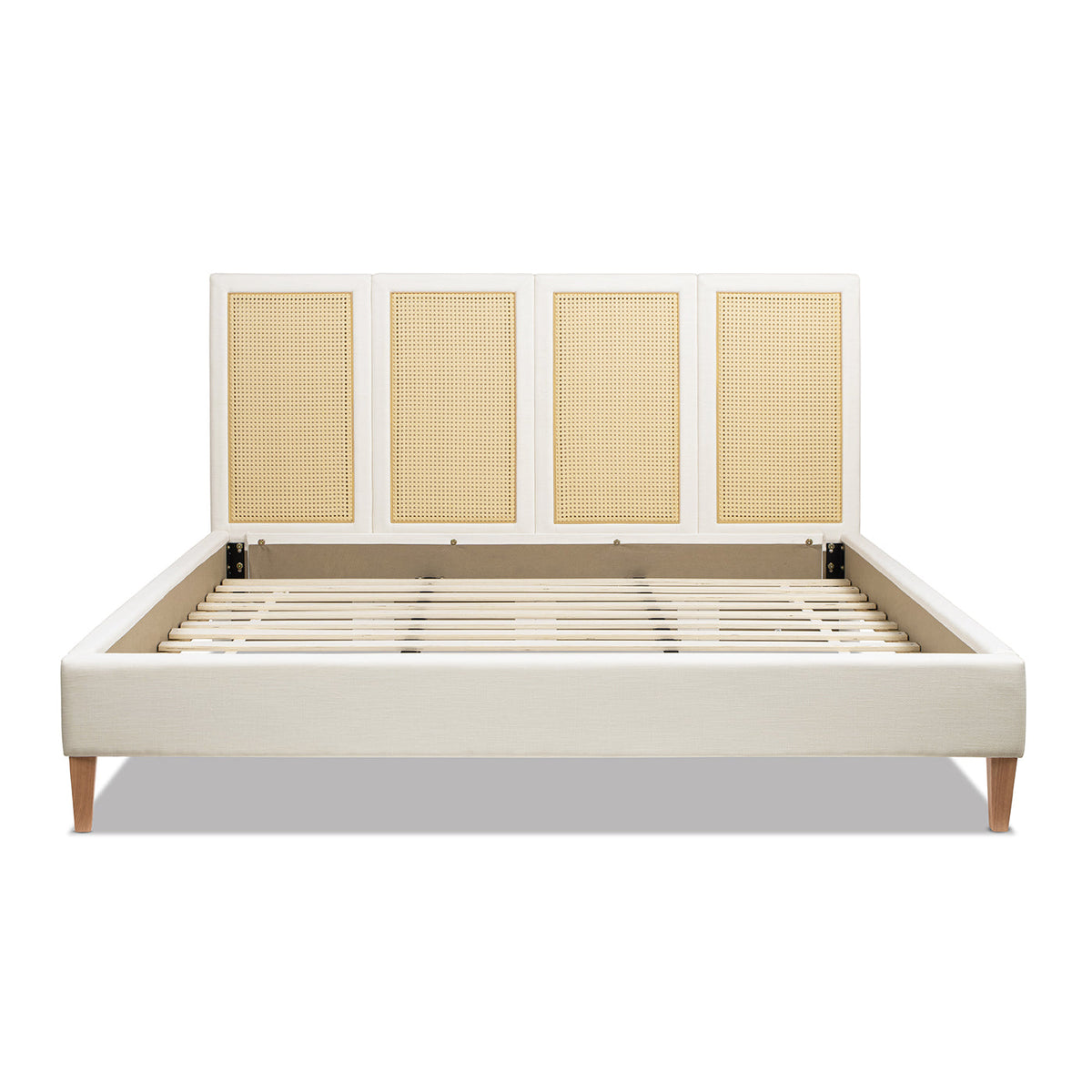 Toscana King Upholstered Cane Back Platform Bed, white, four caned panels, HouseOfZazla on Tampa Home & Garden Store