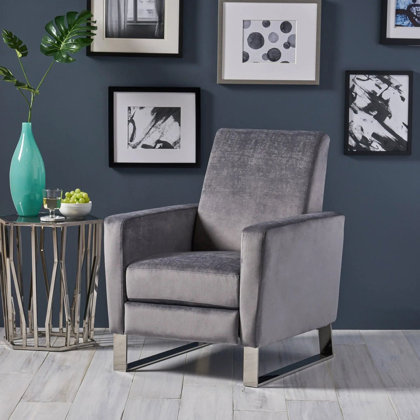 Bolt Upholstered Recliner Chair with Stainless Steel Base gray upholstery chrome on Tampa Home & Garden Store