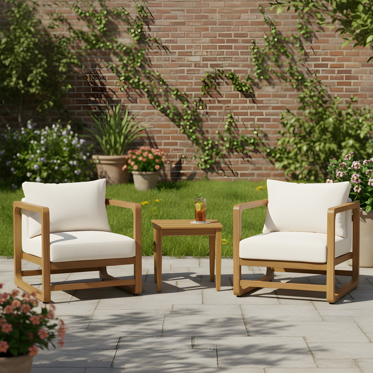 Acacia wood outdoor set: 2 club chairs with white cushions and rustic slat side table on Tampa Home & Garden Store