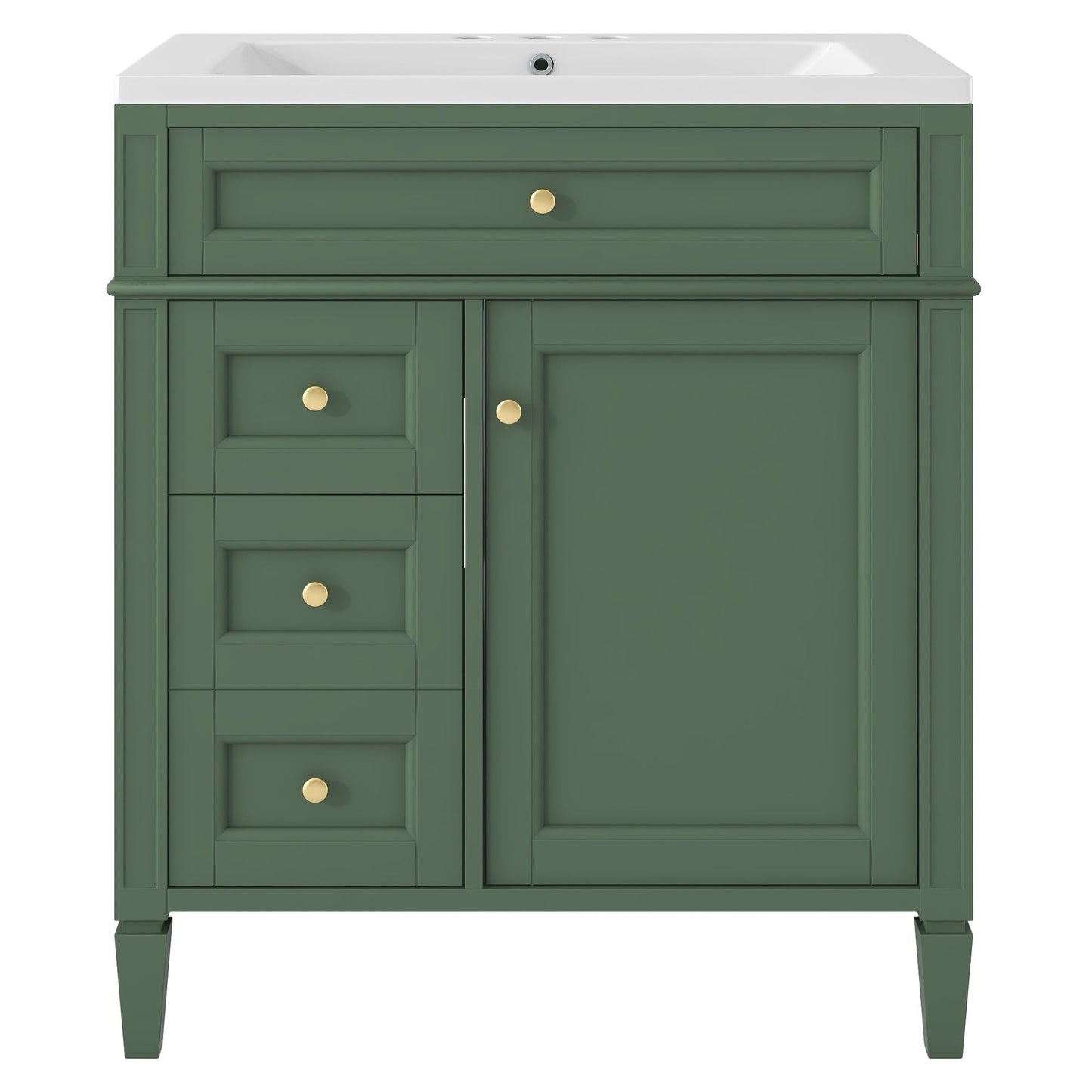 Green bathroom vanity with white countertop sink, 2 soft-closing doors and 4 drawers on Tampa Home & Garden Store