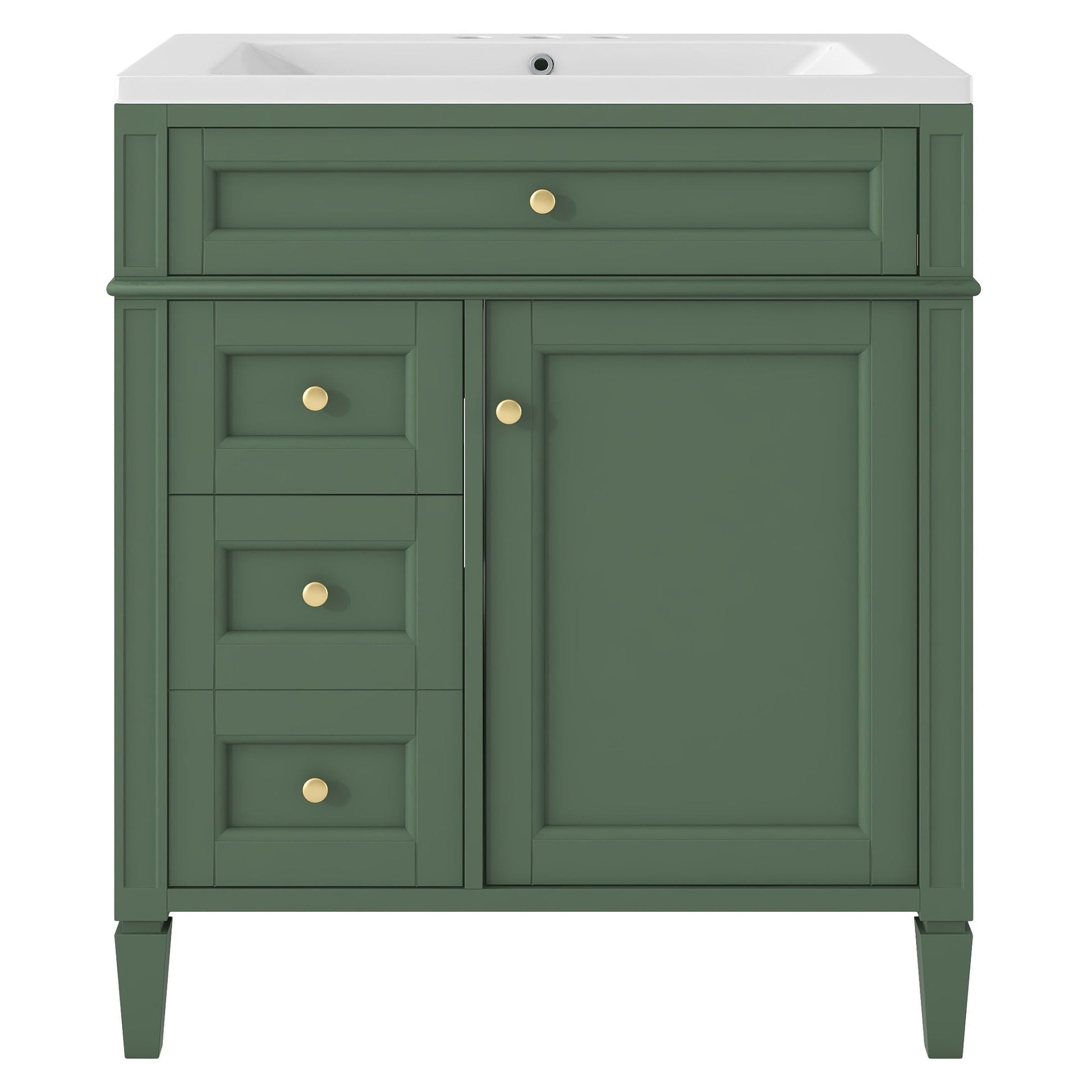 Green bathroom vanity with white countertop sink, 2 soft-closing doors and 4 drawers on Tampa Home & Garden Store