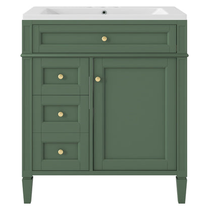 Green bathroom vanity with white countertop sink, 2 soft-closing doors and 4 drawers on Tampa Home & Garden Store