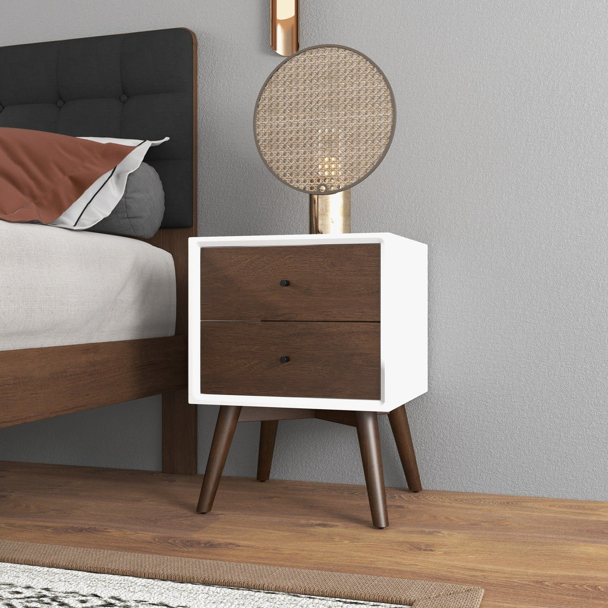 Mid-Century modern night stand with 2 drawers, white frame and dark brown fronts, angled legs on Tampa Home & Garden Store