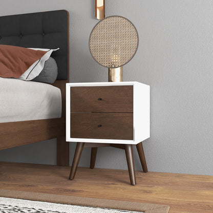 Mid-Century modern night stand with 2 drawers, white frame and dark brown fronts, angled legs on Tampa Home & Garden Store