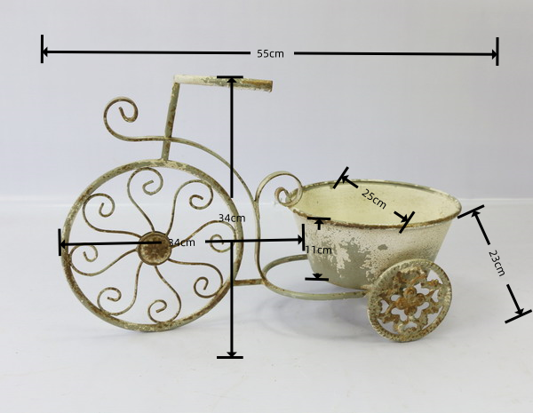Rustic bicycle metal wire wall planter basket with antique cream finish and scroll wheels on Tampa Home & Garden Store