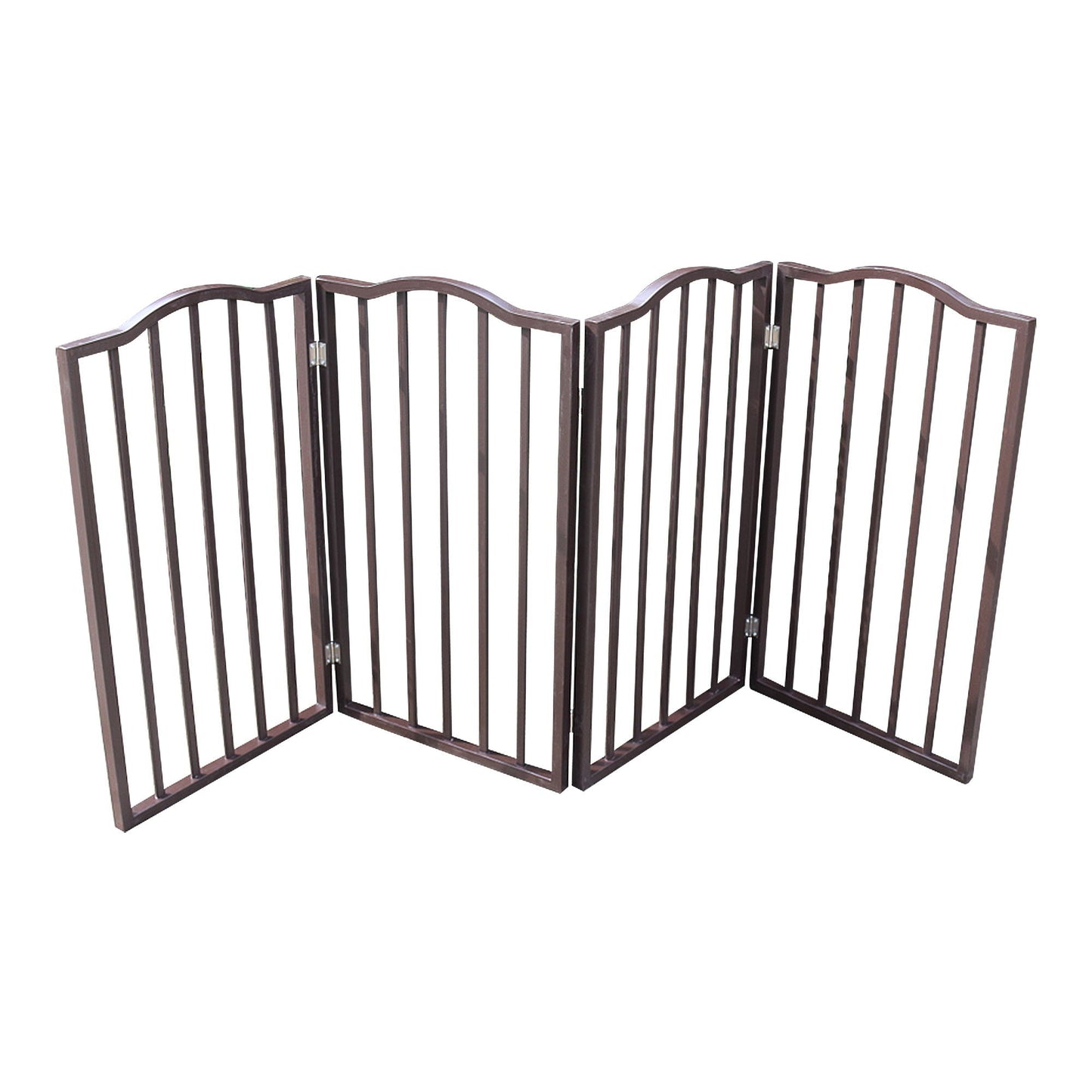 Pet gate by HouseOfZazla, dark brown freestanding folding 3-panel with curved top slats on Tampa Home & Garden Store