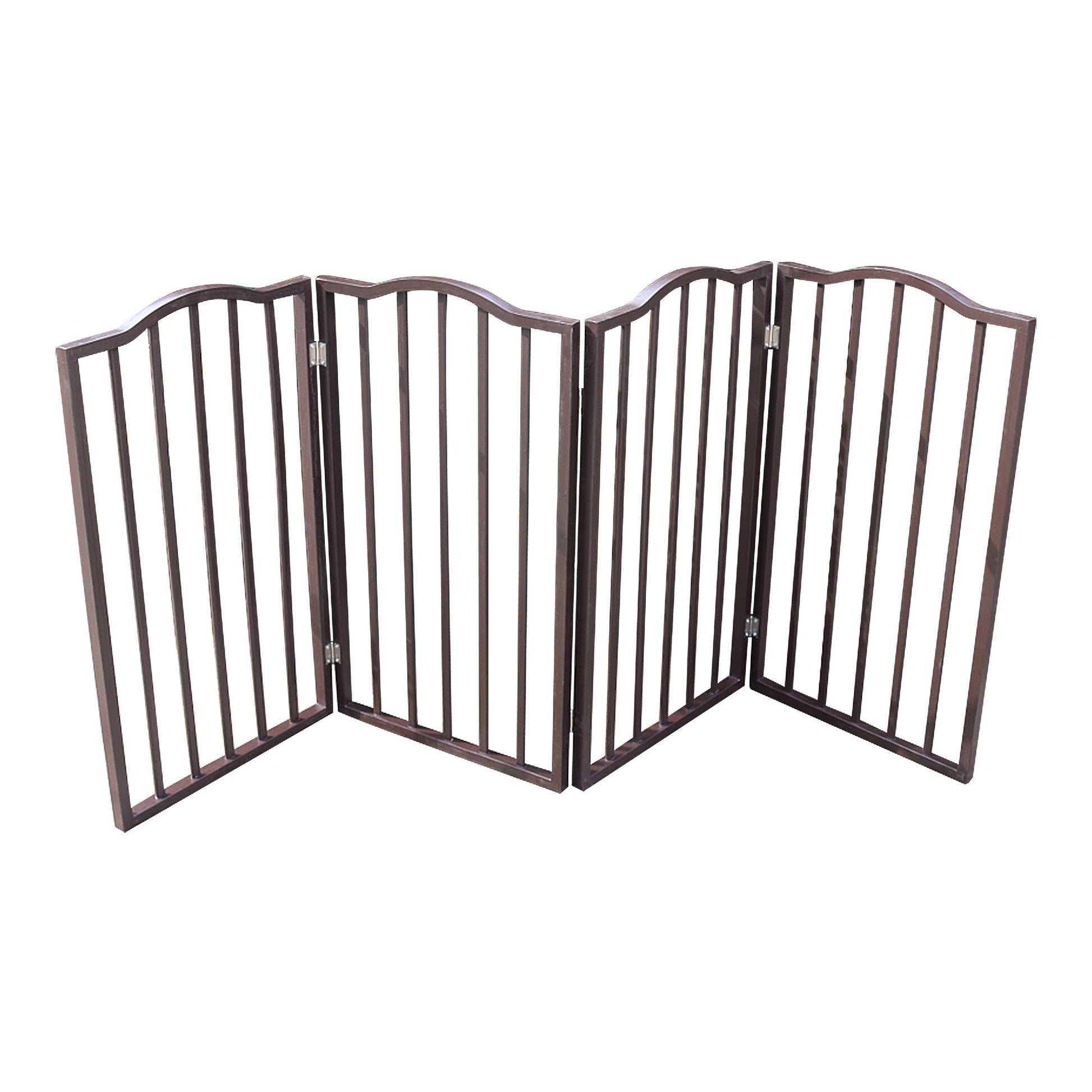 Pet gate by HouseOfZazla, dark brown freestanding folding 3-panel with curved top slats on Tampa Home & Garden Store
