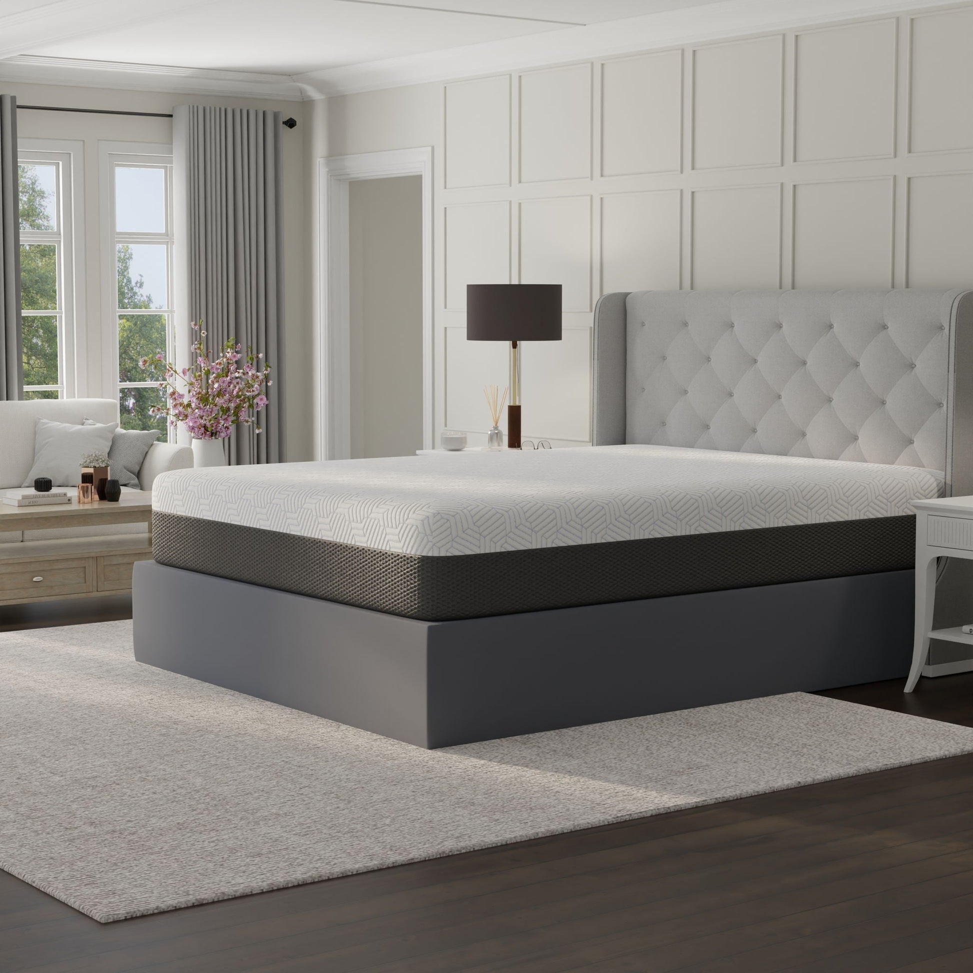 Pur Chill 12\" Soft Hybrid Mattress with phase-change cooling fabric on a gray upholstered bed on Tampa Home & Garden Store