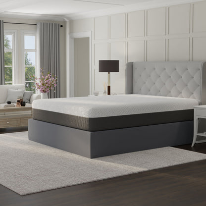 Pur Chill 12\" Soft Hybrid Mattress with phase-change cooling fabric on a gray upholstered bed on Tampa Home & Garden Store