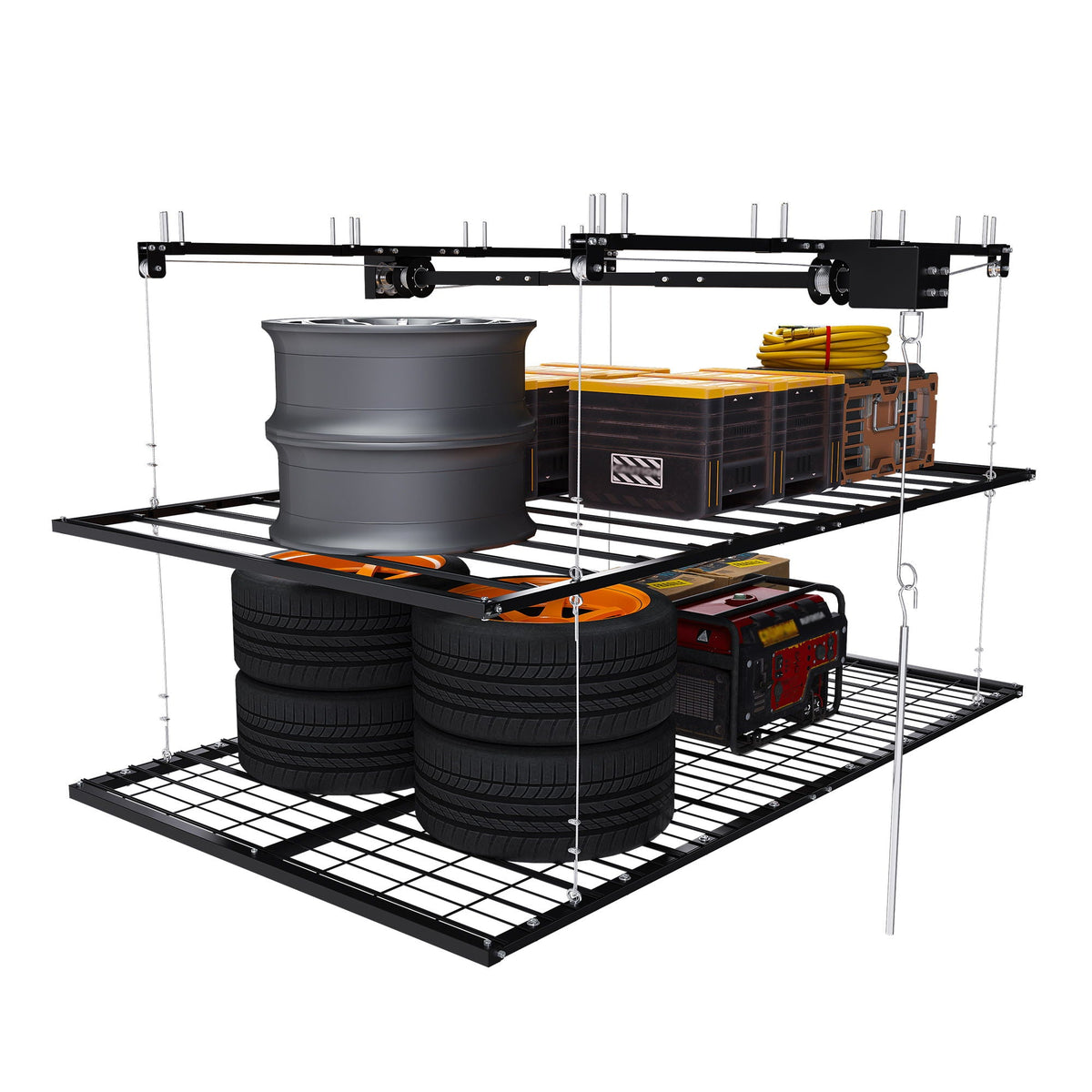 Overhead garage rack with crank system, black metal, HouseOfZazla holds 4 tires and bins on Tampa Home & Garden Store