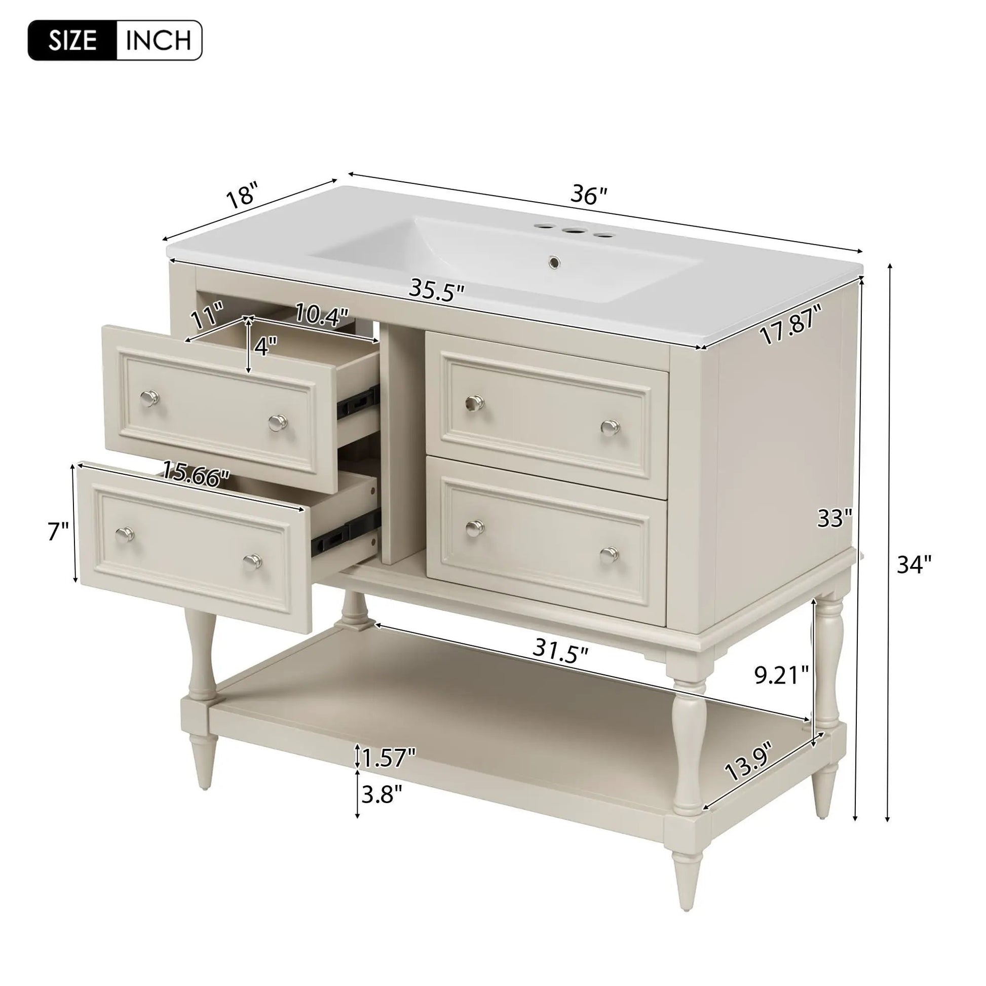 Bathroom vanity with undermount sink and 4-drawer set in beige by Unique Piece Furniture, 36in wide on Tampa Home & Garden Store