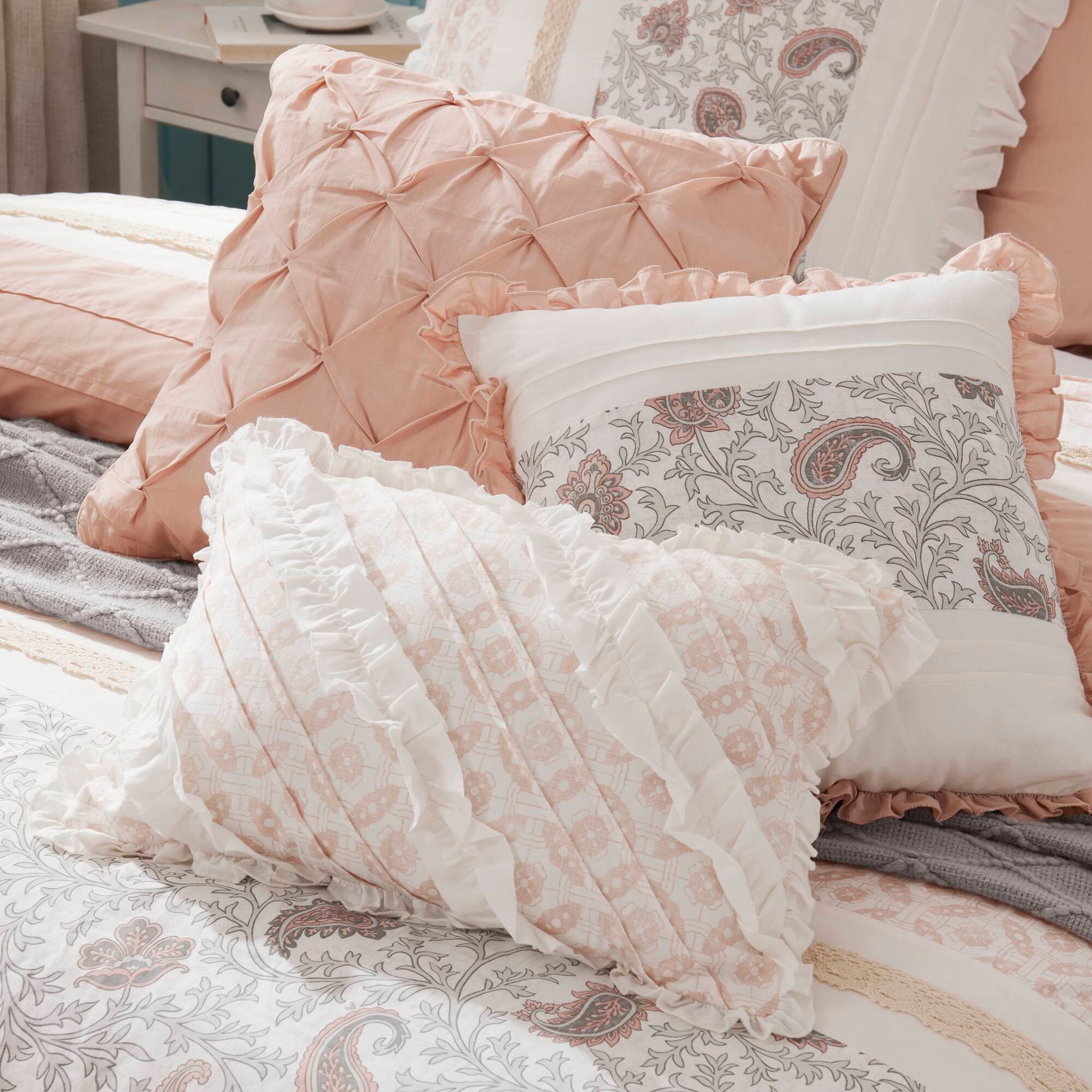 9 Piece Cotton Percale Comforter Set Blush by HouseOfZazla with pink quilt and ruffles on Tampa Home & Garden Store