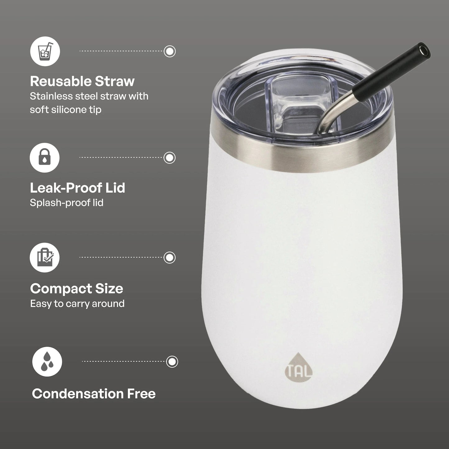 TAL Stainless Steel Wine Tumbler with Straw – 16 fl oz, White