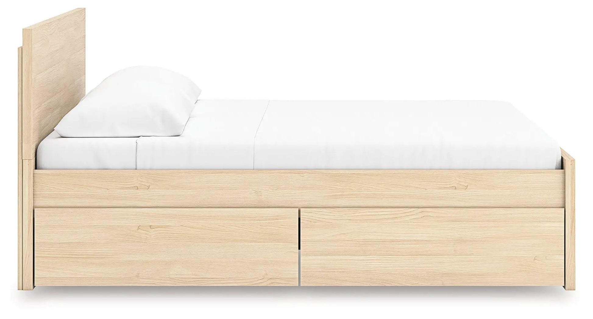 Onita panel platform bed with natural oak finish and built-in under-bed storage drawers on Tampa Home & Garden Store