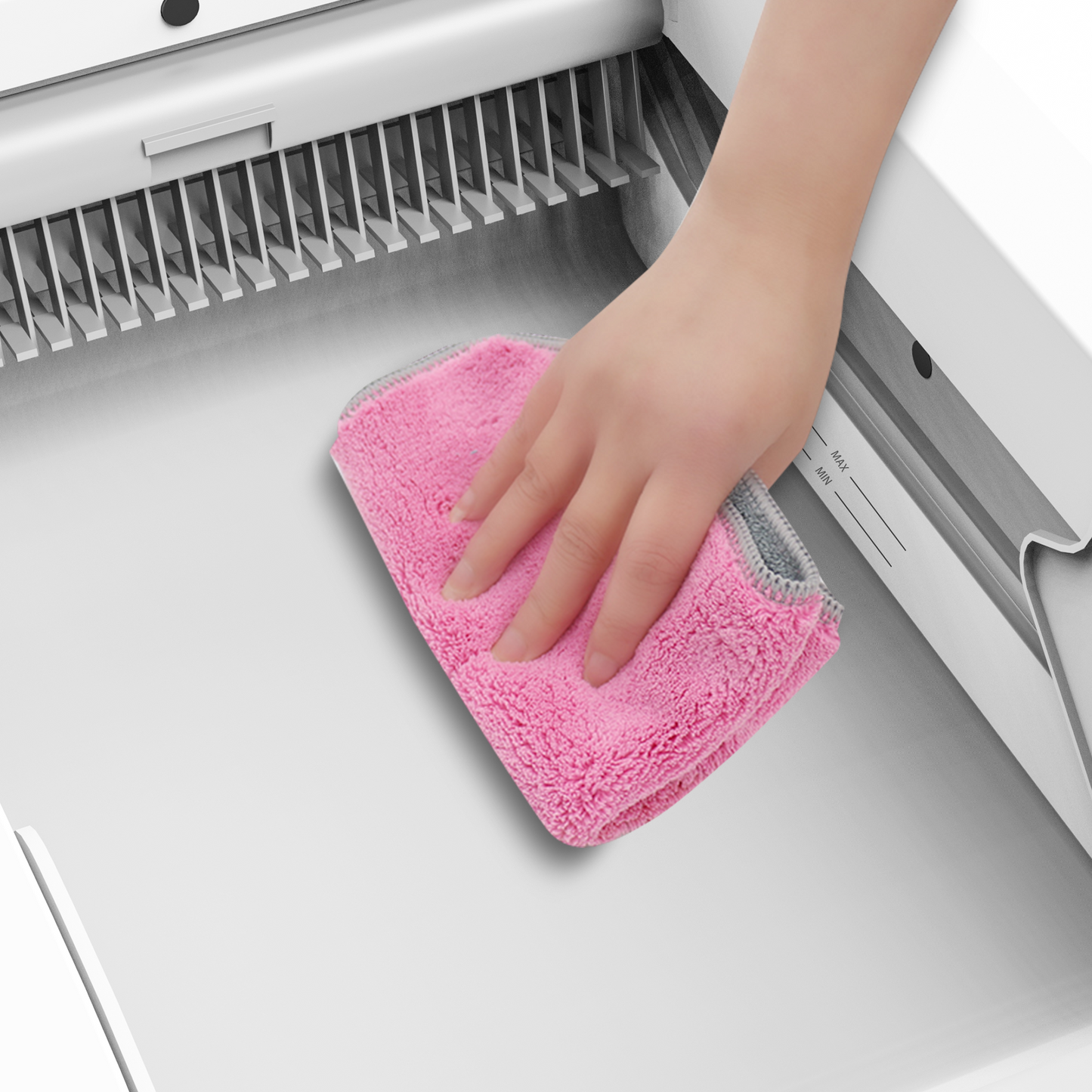 Smart Cat Litter Box With Wide Opening, stainless interior, pink cleaning towel on Tampa Home & Garden Store
