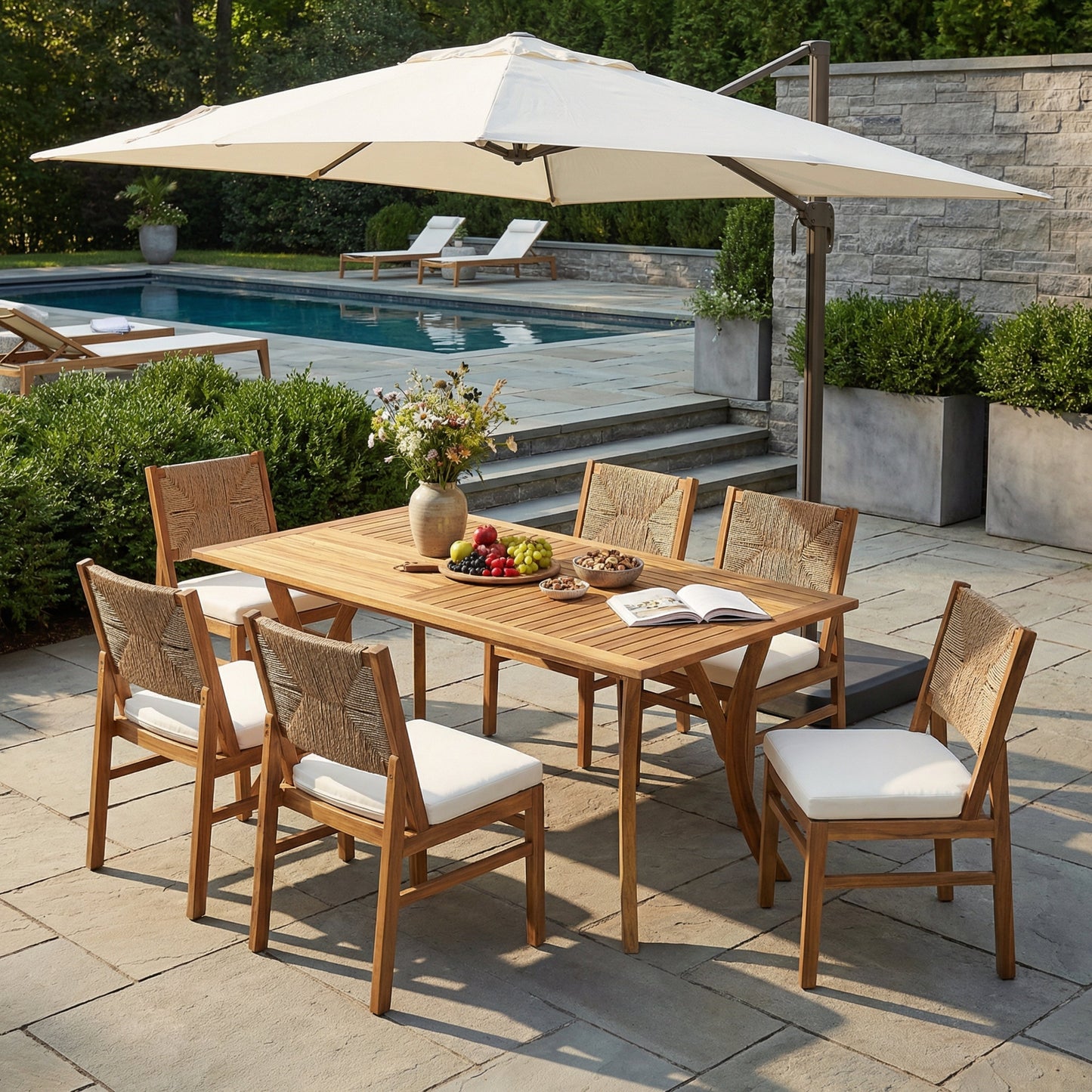 Outdoor 7 Piece Rustic Acacia Wood Patio Dining Set with natural wood chairs and white cushions on Tampa Home & Garden Store