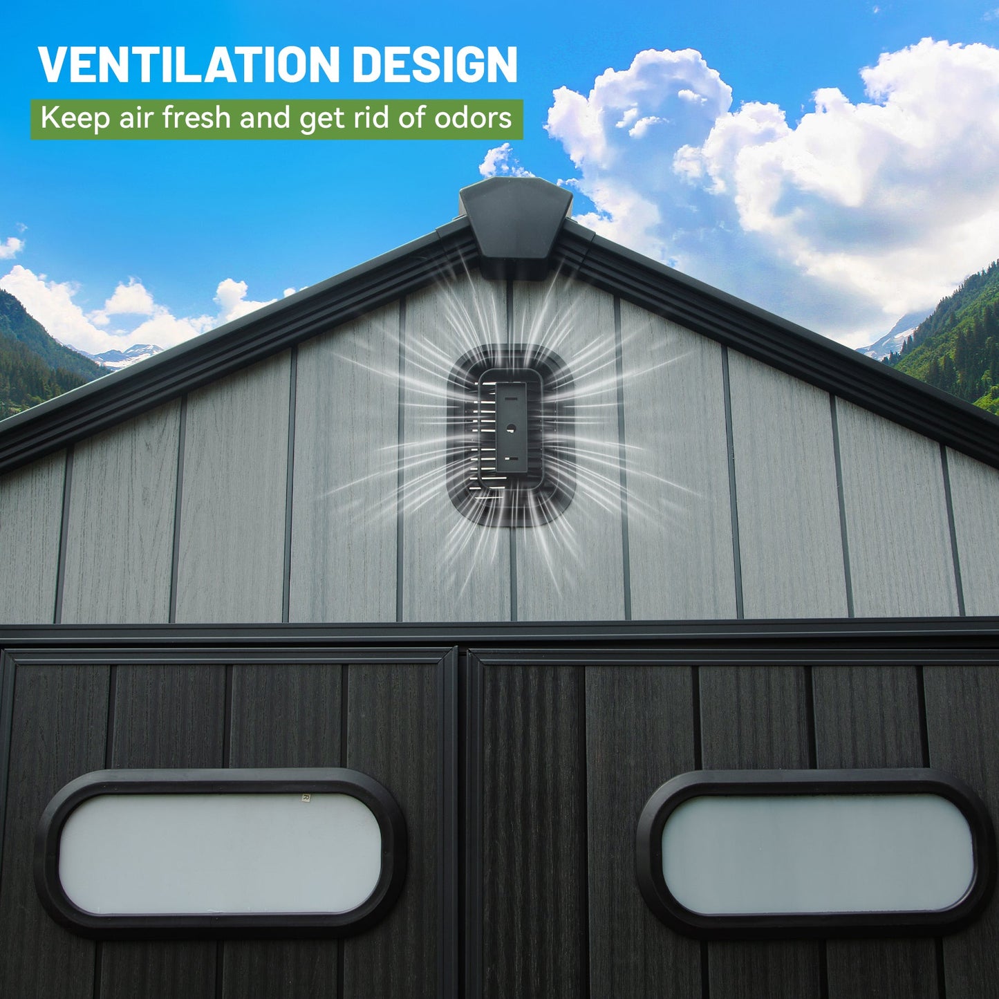 8X10FT outdoor resin storage shed with roof vent design on gray siding on Tampa Home & Garden Store