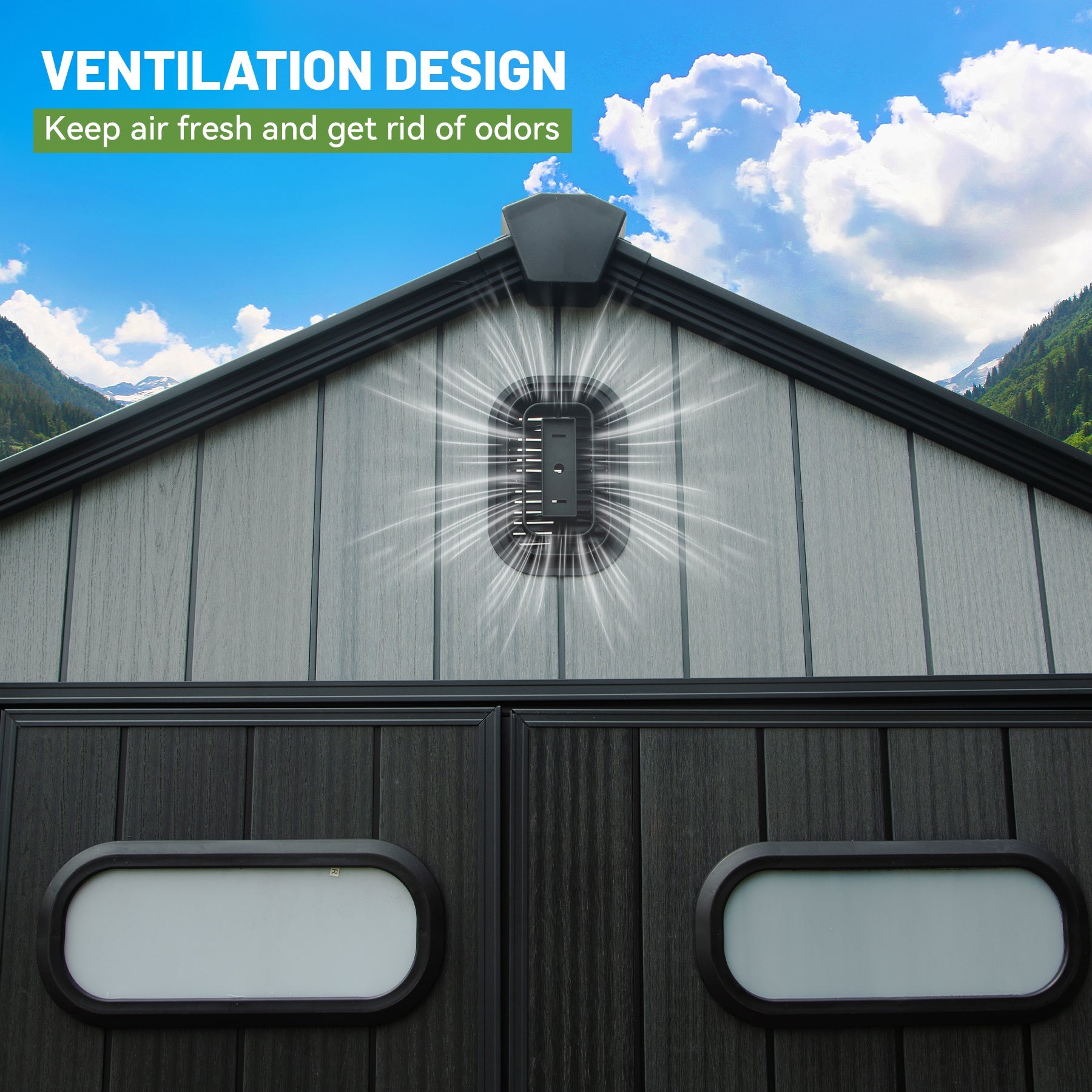 8X10FT outdoor resin storage shed with roof vent design on gray siding on Tampa Home & Garden Store
