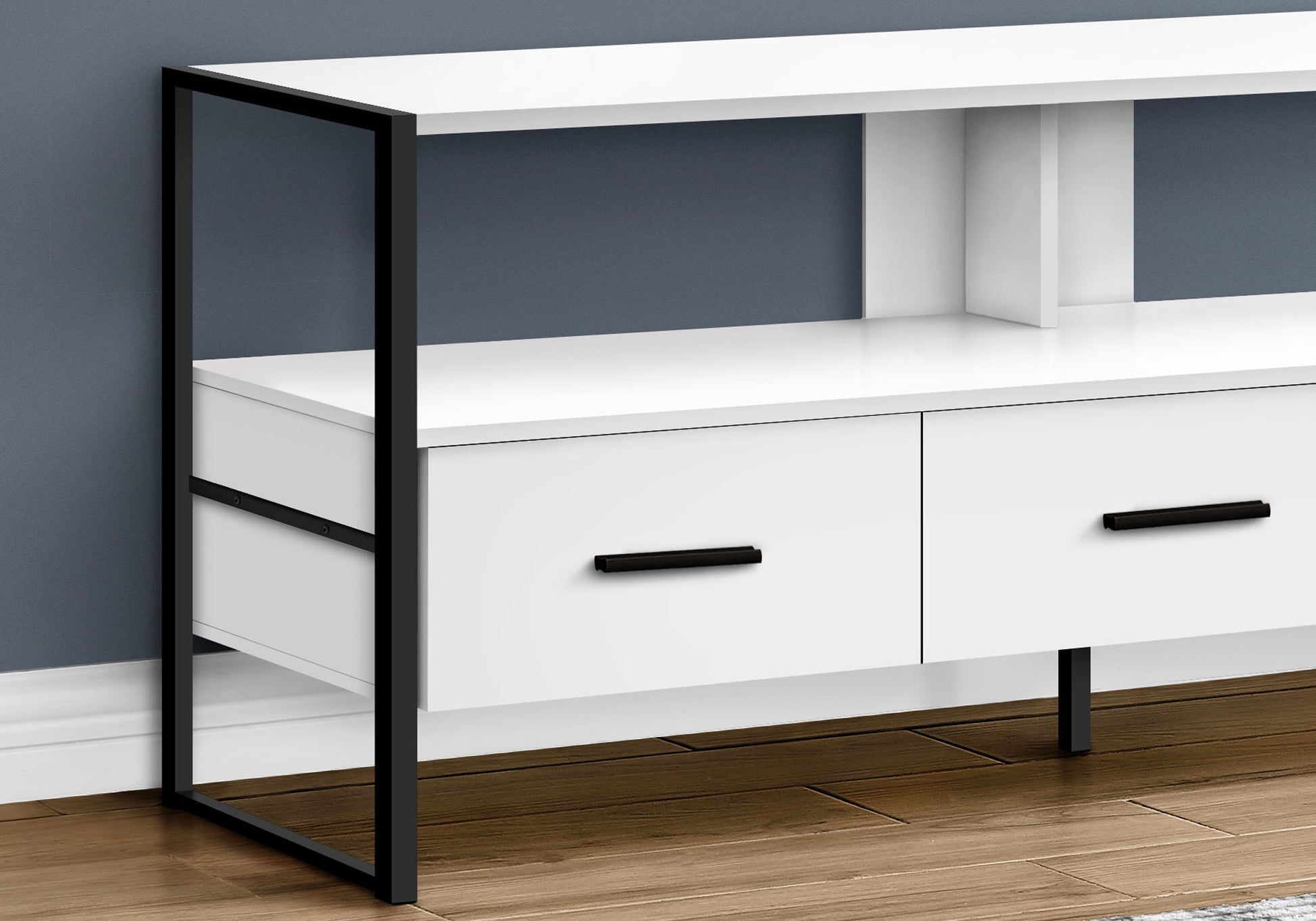 HouseOfZazla TV Stand Console with storage drawers, white finish and black metal frame on Tampa Home & Garden Store