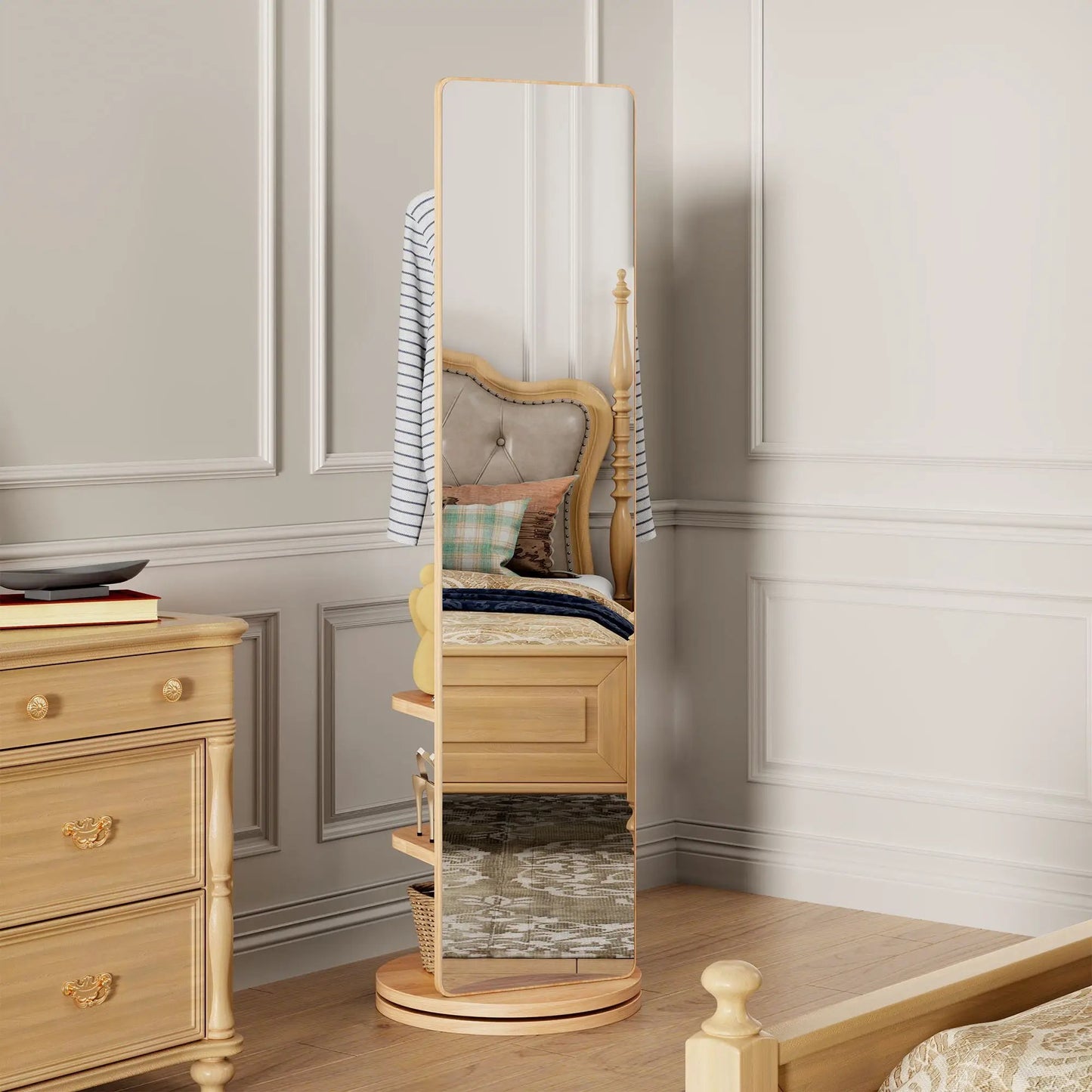 3 In 1 Full Length Clothing Mirror in light wood frame with storage shelves by Unique Piece Furniture on Tampa Home & Garden Store