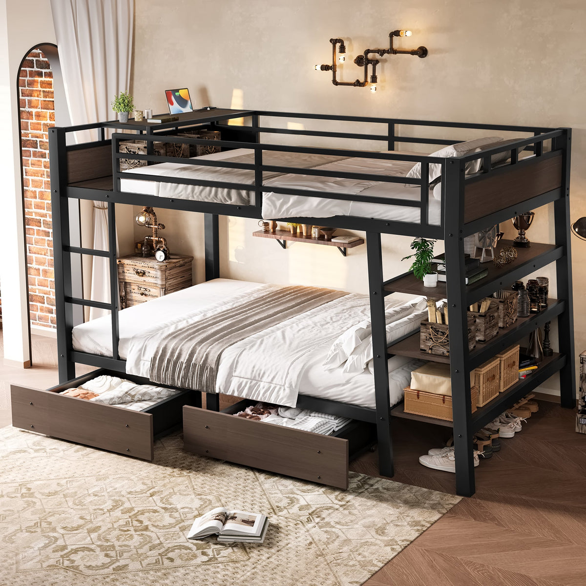 Full size black metal bunk bed with storage shelves and USB power strip, HouseOfZazla on Tampa Home & Garden Store