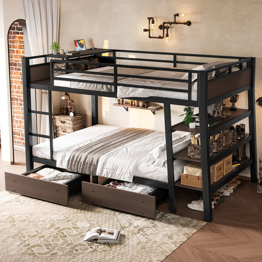 Full size black metal bunk bed with storage shelves and USB power strip, HouseOfZazla on Tampa Home & Garden Store