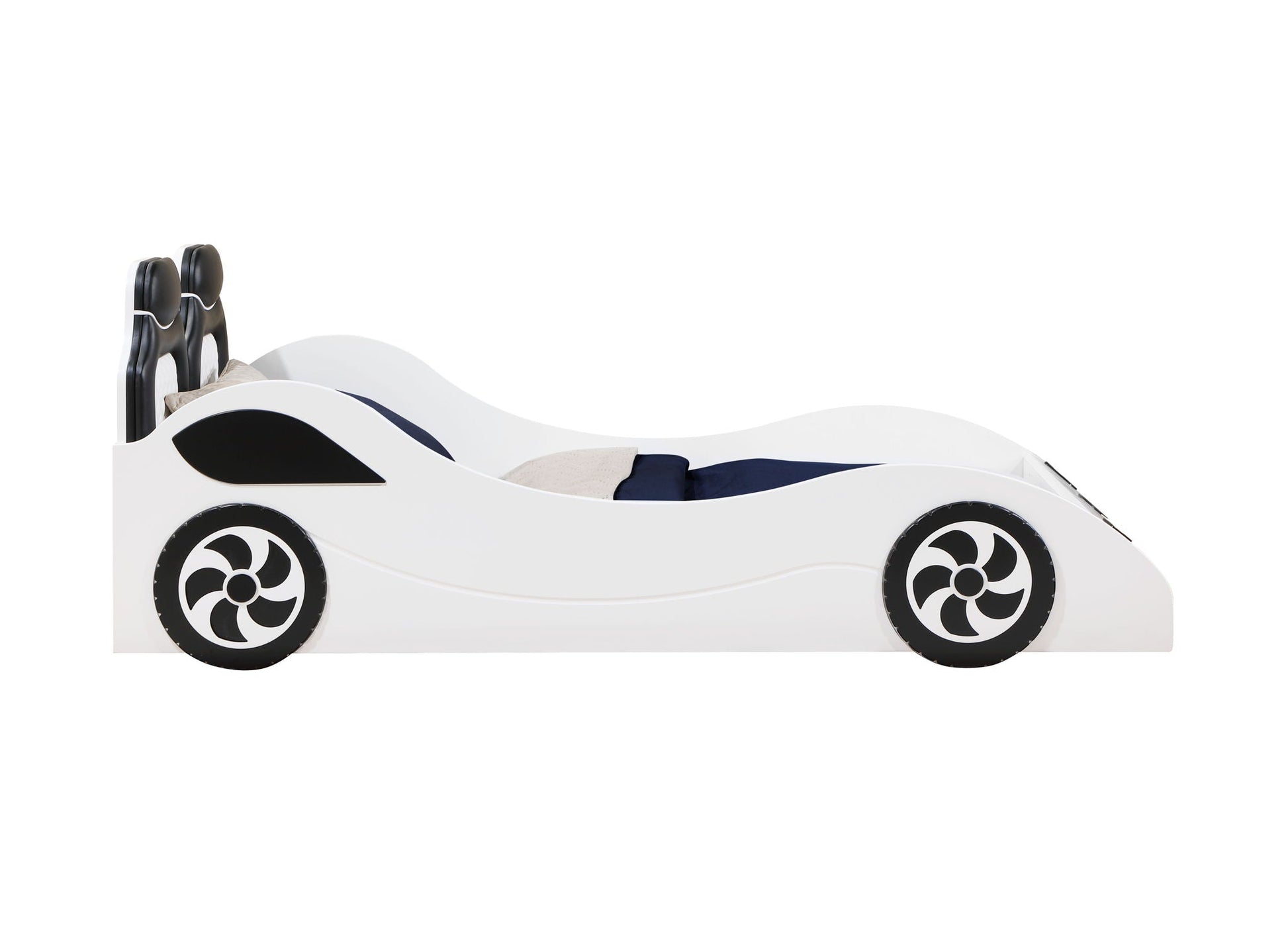 Colen Twin Car Bed With LED, white car-shaped bed with black wheel accents and blue bedding on Tampa Home & Garden Store